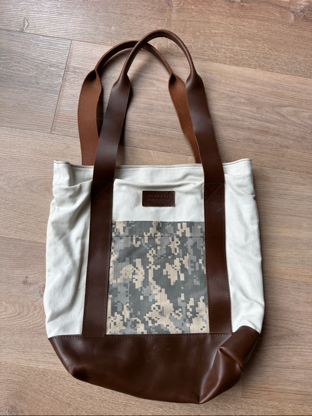 Cream Canvas Tote with Brown Leather Trim and Camo Pocket